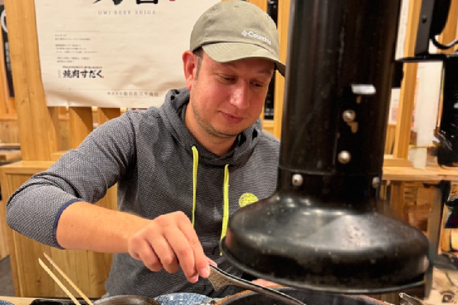 Berkay is happy with grilled bbq